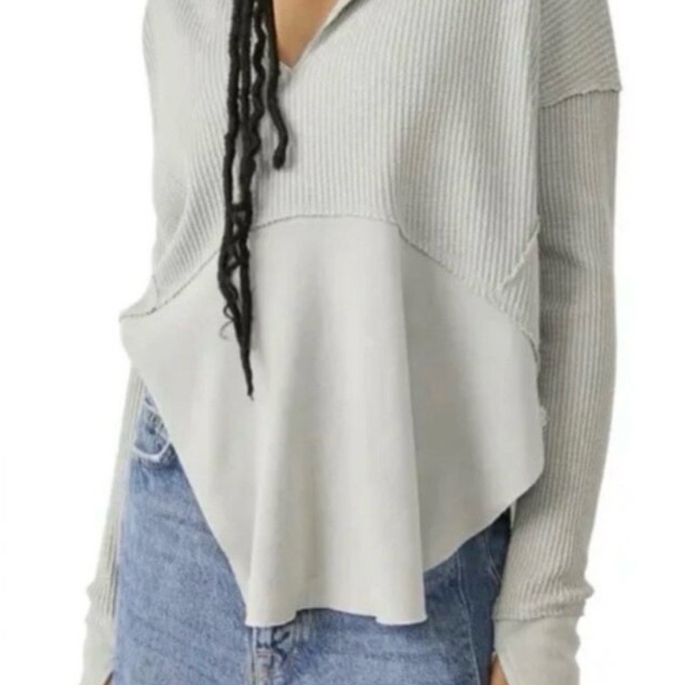 We The Free Off White Split Neck Thermal Mixed Fabric Top